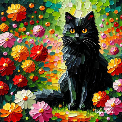 Colorful Cat in Floral Field
