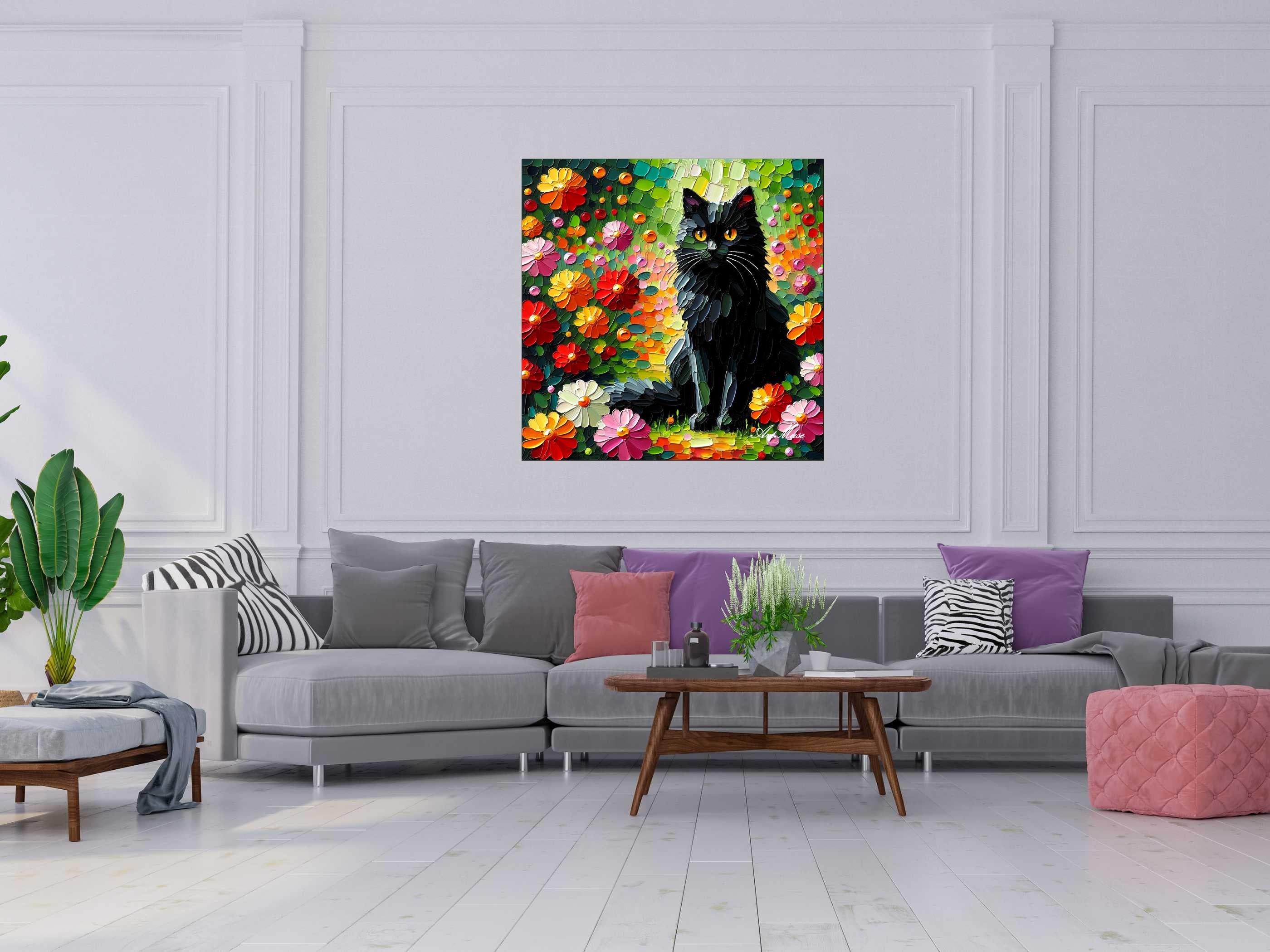 Colorful Cat in Floral Field