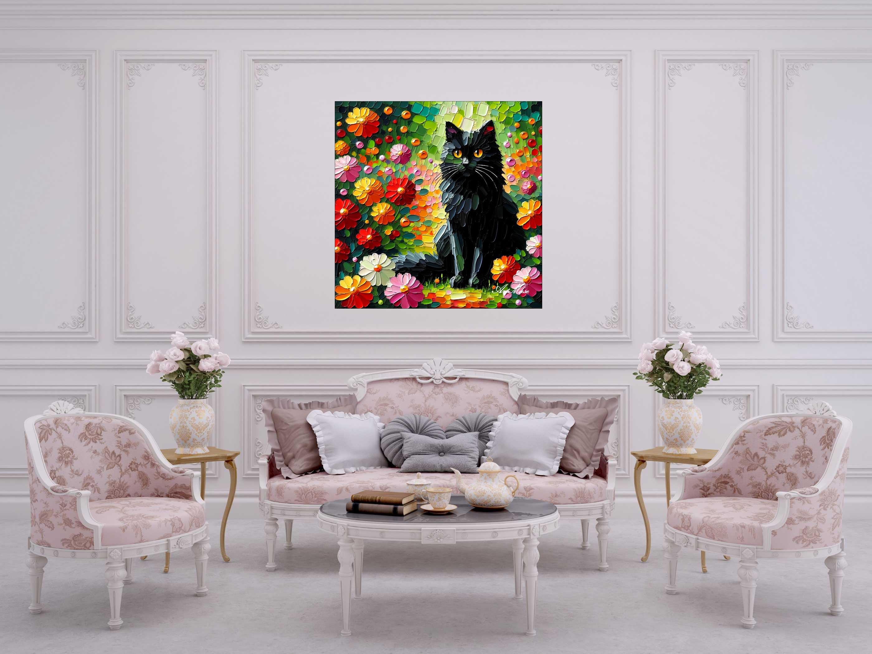 Colorful Cat in Floral Field